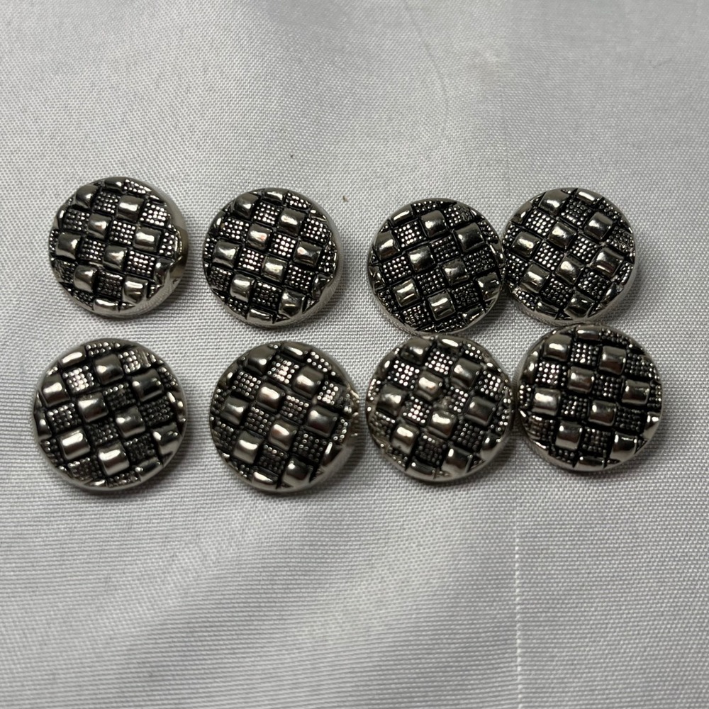 Vintage 8pc Silver Tone Metal Shank Buttons Checkerboard Basketweave Pattern